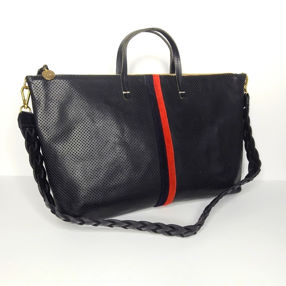 Clare V Attaché Black Perf Navy Blue Red Stripes